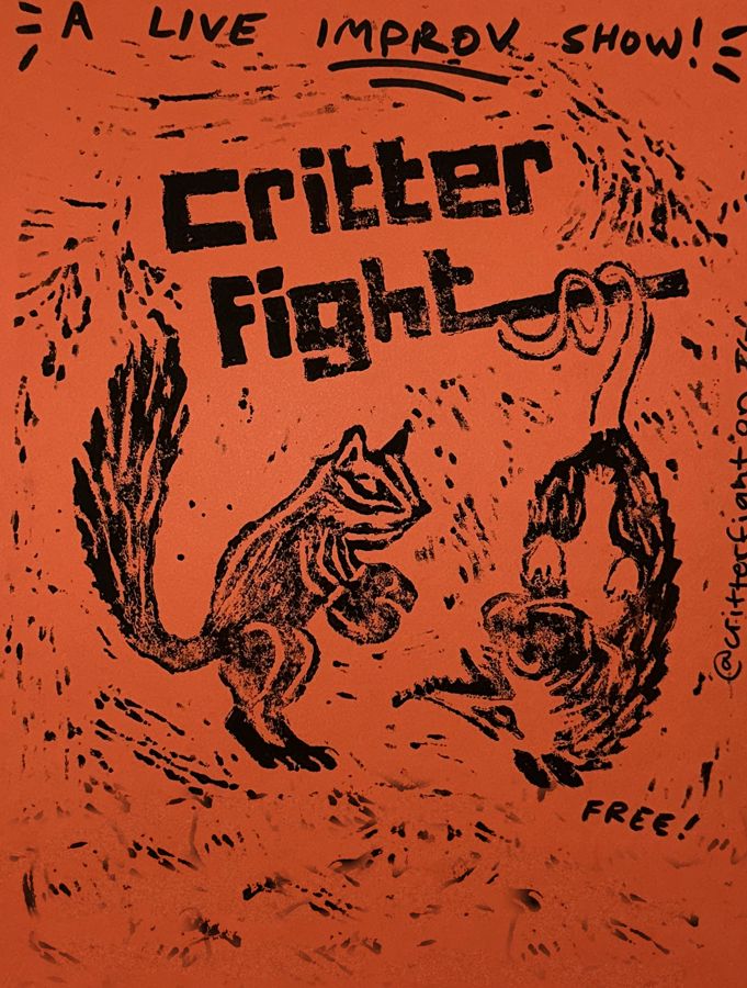 Hand-printed Critter Fight flyer: a chipmunk and a possum in boxing gloves